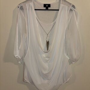 NWOT Women’s IZ Byer White Sheer Layered Cowl Neck Blouse Size Large
